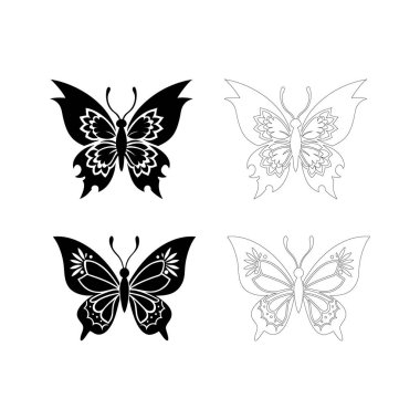 Kelebek silueti, mandaladan esinlenilmiş siyah kanatlı, dövmeler, duvar sanatı, ruhani logolar, baskılar, dekoratif el sanatları ve yaratıcı projeler için mükemmel..