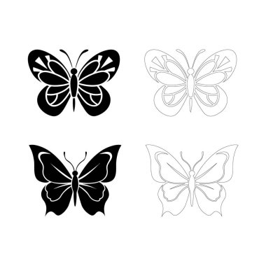 Minimalist kelebek silueti kalın düz siyah dizaynlı, logolar, dövmeler, baskılar, kartlar, dekoratif duvar resimleri ve temiz modern grafik projeleri için mükemmel..