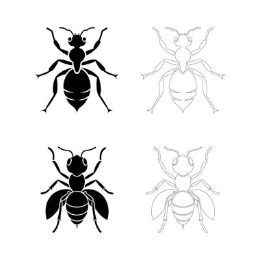 Detaylı bacakları, antenleri, anatomisi ve hassasiyeti olan, bilimsel grafikler, logolar ve böceklerden esinlenilmiş tasarımlar için mükemmel, düz siyah bir karınca silueti.