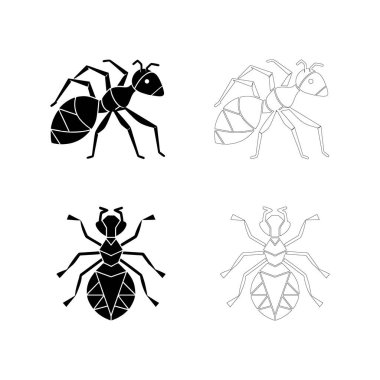 Geometrik çokgen vücut şekilli düz koyu siyah bir karınca silueti, modernliği, soyutlamayı ve minimalizmi yansıtıyor, logolar, simgeler, amblemler ve dijital grafik tasarımlar için mükemmel.