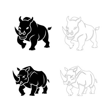 Cesur, düz siyah bir gergedan silueti, agresif bir duruş içinde, savunmayı, gücü ve uyarıyı simgeliyor, dövmeler, amblemler, vahşi yaşam logoları ve cesur tasarımlar için ideal.