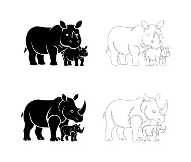 Yetişkin ve baldırlı bir gergedan ailesinin koyu siyah silueti. Bakımı, birliği ve vahşi yaşamı simgeliyor. Doğa logoları, amblemler, koruma sanatı ve hayvan grafik tasarımları için mükemmel.