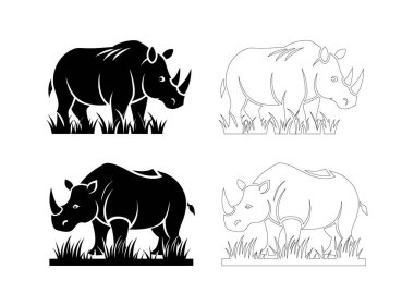 Bir gergedan profilinin düz siyah silueti çimlerin üzerinde duruyor, vahşi yaşamı, doğayı ve gücü simgeliyor, koruma logoları, amblemleri, hayvan simgeleri ve doğa sanat eserleri için mükemmel.