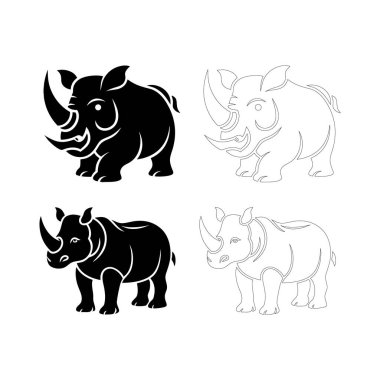 Abartılı büyük boynuzu olan, gücü, benzersizliği ve gücü temsil eden, dövmeler, amblemler, vahşi yaşam logoları ve çarpıcı grafik çalışmaları için mükemmel olan düz siyah bir gergedan silueti.