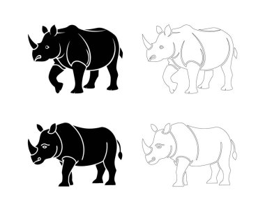 Bir gergedanın düz siyah silueti yavaşça yürüyor, sabrı, gücü ve dayanıklılığı simgeliyor, vahşi yaşam sanatı, logolar, amblemler ve hayvanlardan esinlenilmiş grafik tasarım projeleri için mükemmel.