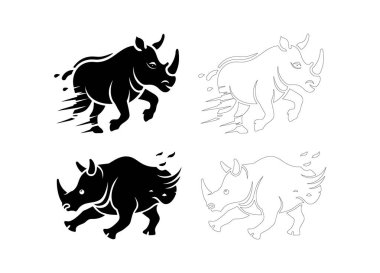 Toz efektiyle çalışan koyu siyah bir gergedan silueti, enerjiyi, gücü ve hareketi simgeliyor, logolar, amblemler, dövme sanatı ve güçlü vahşi yaşam çizimleri için mükemmel.