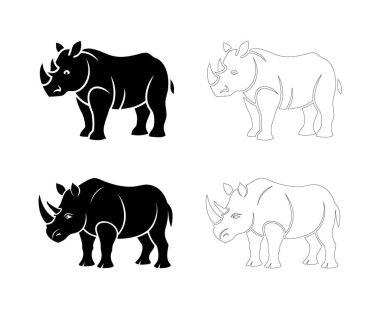 Düz, koyu siyah bir gergedan silueti boynuzu görünür, gücü, doğayı ve vahşi yaşamı simgeliyor, logolar, amblemler, dövmeler ve güçlü grafik tasarımlar için mükemmel