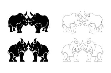 Yüzleşmeyi, dengeyi ve gücü sembolize eden iki gergedanın koyu siyah silueti vahşi yaşam amblemleri, logolar, dövmeler ve çarpıcı grafik tasarım projeleri için mükemmeldir.