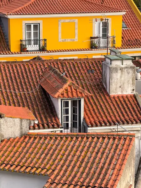 Canlı bir Lizbon çatısı, sıcak terracotta fayanslarını ve öğleden sonra ışıklarıyla çerçevelenmiş büyüleyici Fransız kapılarını gösteriyor..