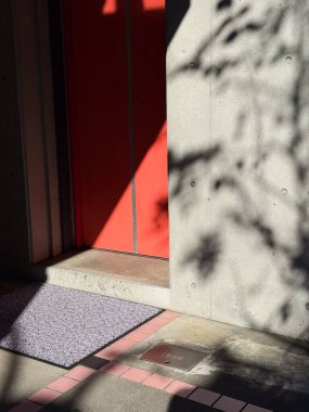 Beton bina girişinde ağaç gölgesi olan kırmızı kapı.