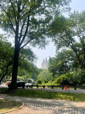 Batı yakasının tarihi binası Central Park 'ta ağaçların arasından görülüyor..