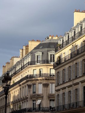 Classic Parisian architecture with ornate facades and wrought-iron balconies in central Paris during the day.