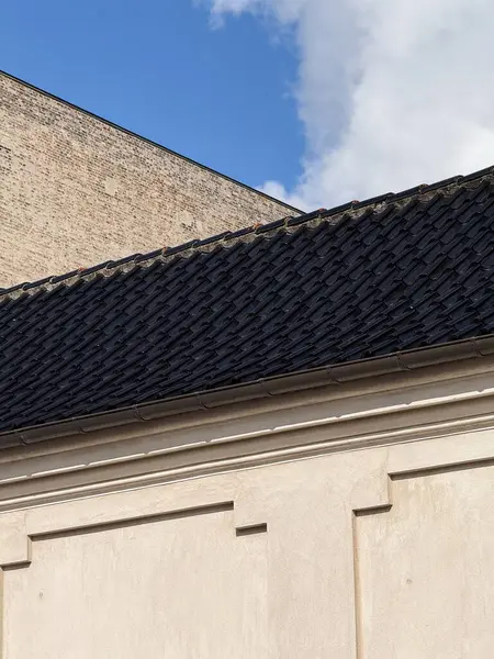Detail of a black tile roof with strong angular lines under a bright sky in Copenhagen.