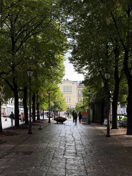 A pedestrian sidewalk lined with green trees in Oslo city center with buildings in the back.