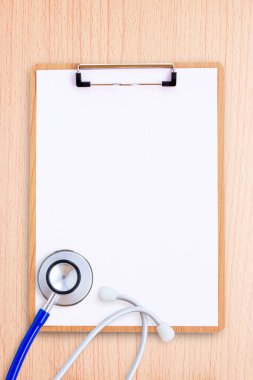 Doktor - steteskop, tıp panoya ofis Resepsiyon zemin üzerine işyeri. kopya alanı tasarım ile Üstten Görünüm