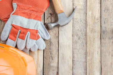 İşçi Bayramı, Amerika Birleşik Devletleri 'nin federal bayramıdır. Onarım ekipmanları ve bir sürü kullanışlı alet. Kullanım ve tasarım için kopyalama alanı olan üst görünüm. İş ve endüstri kavramı.