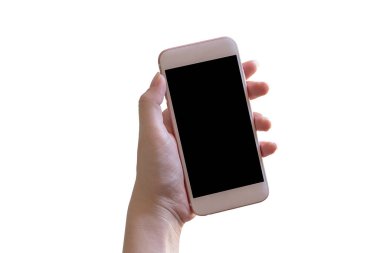 el ile boş perde beyaz arka plan üzerinde izole mobil akıllı telefon tutarak
