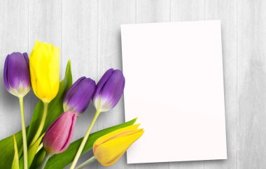 Renkli laleler ve beyaz ahşap masa arkasında boş tebrik kartı. Kopyalama alanı olan üst görünüm. Anneler Günü ya da Sevgililer Günü fikri.