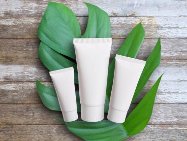 Beyaz kozmetik ürünleri ve ahşap masa zemininde yeşil yaprakları olan üst manzara. Tasarım için doğal güzellik ürünü markalaşma konsepti.