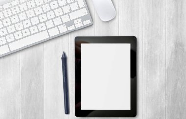 Kahve fincanı, tablet, akıllı telefon ve ahşap arka planda klavye kopyalama alanı olan modern çalışma alanı. Üst Manzara. Düz yatıyordu. Ahşap zemin üzerinde kopyalama alanı vardı. Düzleştirme biçimi.