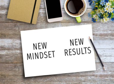 New mindset and new results text on paper on wooden table with coffee cup and smartphone Business concept of positive thinking and motivation. Flat lay with blank copy space top view.