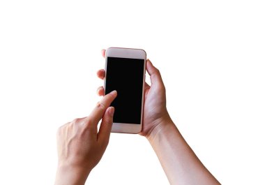 El ele tutuşan mobil telefon ekranı siyah üzerine izole edildi, akıllı telefon boş ekran modelini oluşturun. Tasarımınız için kolayca kopyalama alanı.