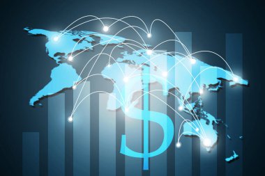 Çift pozlama dolar işareti kavramlar serisi küresel iş kavramı Internet ile bağlantı iletişim hatları simgeler. Nasa tarafından döşenmiş bu görüntü unsurları