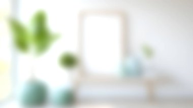 Bu resim, bitkilerin ve parlak ahşap bir masanın üzerinde boş bir çerçevenin yer aldığı modern, minimalist bir iç tasarım sergiliyor, sakin ve davetkar bir atmosfer yaratıyor..