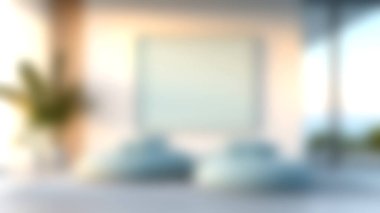 İki yumuşak puf ve sanat eseri için boş bir çerçeve içeren, doğal ışık ve yeşillikle tamamlanmış, rahatlama ve ilham için ideal bir iç mekan..