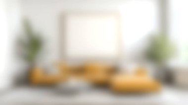 Canlı, sarı bir kanepe, minimalist duvar sanatı ve bereketli ev bitkilerinin olduğu şık bir oturma odası. Parlak doğal ışık sıcak ve davetkar bir atmosfer yaratır..