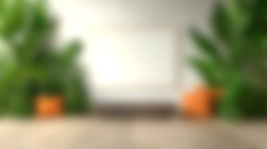 Bereketli tropikal bitkiler ve turuncu yastıklarla çevrili boş bir duvar iskeleti olan sakin ve davetkar bir modern iç mekan, huzur ve güzellik ortamı yaratıyor..