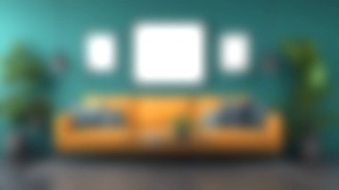 Canlı turuncu bir kanepenin olduğu modern bir oturma odası. Koyu yeşil bir duvara yaslanmış, bitkilerle süslenmiş, şık bir dekorasyon, rahat ve davetkar bir atmosfer yaratıyor..