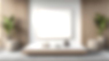 İçinde ahşap mobilyalar, büyük bir sanat çerçevesi ve saksı bitkilerinin bulunduğu sakin bir minimalist oturma odası. Tasarım, hafif renkleri ve yumuşak dokuları vurguluyor ve rahatlatıcı bir atmosfer yaratıyor..