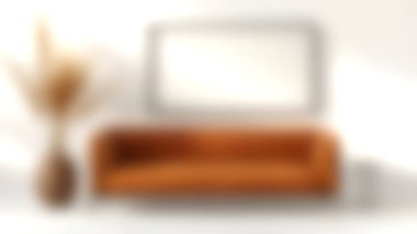 Modern bir iç mekan, dekoratif bir bitki ve basit bir yan masa ile tamamlanmış minimalist bir arka plana karşı şık turuncu bir kanepe sergiliyor ve rahat bir ortam yaratıyor..