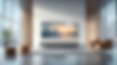 Geniş, modern bir oturma odasında, gün batımında çarpıcı bir şehir manzarası gösteren geniş bir düz ekran televizyon sergileniyor. Huzurlu ve şık bir atmosfer yaratıyor..