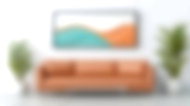 Bu resimde modern bir oturma odası, şık kahverengi bir kanepe, turuncu ve yeşil renkli soyut bir duvar sanatı ve dingin bir ortam yaratan yemyeşil bitkiler sergileniyor..