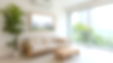 Zarif bir kanepe, ahşap bir sehpa ve geniş pencerelerden kentsel yeşillik manzaralı, sakin ve davetkar bir atmosfer yaratan modern bir oturma odası..