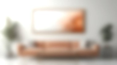 Yumuşak şeftali kanepesi, modern duvar sanatı ve yemyeşil bitkilerin yer aldığı güzel tasarlanmış bir oturma odası davetkar ve şık bir atmosfer yaratıyor. Çağdaş iç mekanlar için mükemmel.