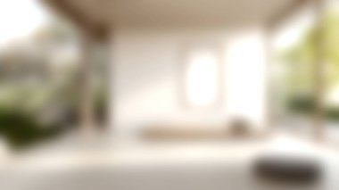 Huzurlu, minimalist bir iç mekan. Etrafı yeşilliklerle çevrili ahşap bir platform ve doğal ışık sergiliyor. Bu tasarım basitliği ve zarafeti vurgular, barışçıl bir atmosfer yaratır..