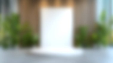 Canlı yeşil bitkilerle çevrili dairesel bir sahnenin olduğu şık bir iç dekorasyon. Parlak ve minimalist tasarım çeşitli gösterimler ve sunumlar için mükemmel bir zemin sunar.