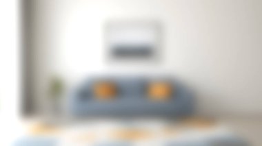 Parlak ve davetkar oturma odası dekoratif yastıklı, geometrik halılı ve modern duvar resimli mavi bir kanepe. Konfor ve tarzın mükemmel bir karışımı..