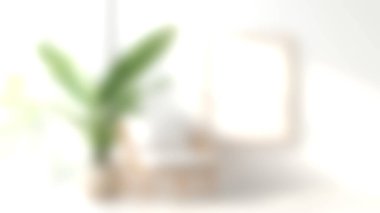 Modern bir sandalye, bereketli bir bitki ve dekorasyon ve rahatlama için ideal boş bir çerçeve içeren parlak ve sakin bir kapalı alan..