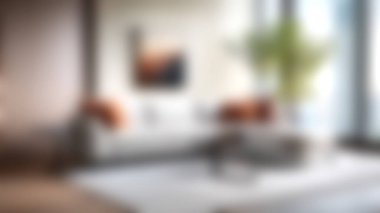 Zarif bir oturma odasında geniş pencereli modern bir kanepe sergileniyor. Tasarımda sıcak renkler, şık dekorlar ve sakin bir atmosfer yaratan kentsel görüntüler yer alıyor..