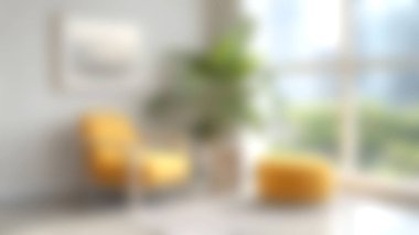 Konforlu, modern bir oturma odasında parlak sarı bir sandalye ve geniş bir pencereden çarpıcı bir şehir manzarası ve bereketli bir iç mekan bitkisiyle tamamlanmış bir kanepe bulunur..