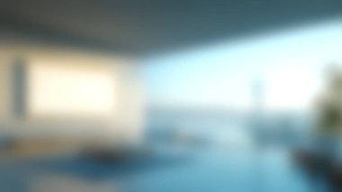 Çarpıcı bir modern minimalist oturma odası sakin sular üzerinde sakin bir köprünün yer aldığı güzel bir şehir manzarasını çerçeveleyen geniş bir pencere sergiliyor. Uzay, ahşap bir rafta sadeliği ve zarafeti vurgulayan parlak bir televizyonu ön plana çıkarıyor..