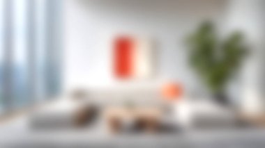 Geniş pencereleri, şık mobilyaları, yeşilliği ve rahatlamak için mükemmel çağdaş sanatı olan parlak ve davetkar bir modern minimalist oturma odası..