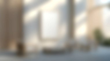 Huzurlu, minimalist bir iç mekan rahat koltuklar ve boş bir tuval duvar. Doğal ışık, temiz hatları ve sakin atmosferi güçlendirir. Tasarım için mükemmel..