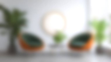 Bu görüntü, modern yeşil ve turuncu koltukların, yemyeşil iç bitkilerin ve şık yuvarlak bir aynanın yer aldığı parlak bir oturma odasını yakalar. Konfor ve tarzın mükemmel bir karışımı..