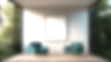 Modern bir oturma odasında iki eski sandalye ve doğa tarafından çevrelenmiş büyük boş bir çerçeve var. Huzurlu ve rahatlatıcı bir ortam yaratıyor..