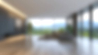 Parlak ve ferah modern oturma odası geniş pencerelerden panoramik dağ manzaraları sergiliyor, minimalist dekorlar, rahat mobilyalar ve zarif tasarım elementleri sunuyor..